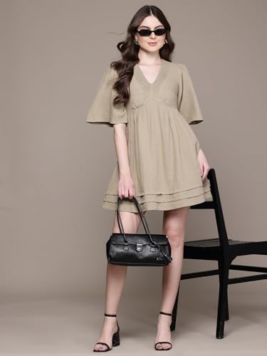 Label RITU KUMAR V Neck Solid Short Dress Olive