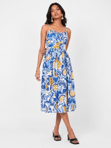 Max Women Printed Midi Dress (Blue_L)