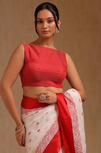 Soch Womens White Cotton Woven Design Saree