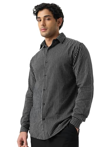 The Souled Store Cotton Linen Stripes: Greyscale Men and Boys Long Sleeve Spread Collar Black and White Striped Cotton Linen Lightweight Easy to Style Everyday Office Wear Casual Relaxed Shirt