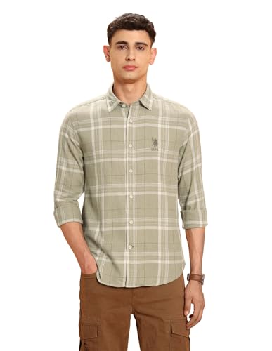 U.S. Polo Assn. Denim Co. Men's Checkered Slim Fit Shirt (UDSHT1964_Khaki