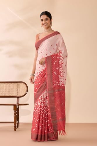 Taneira Women Red Bengal Pure Silk Screen Printed Saree with Unstitched Blouse Piece (SAIH01AC2219-Red)