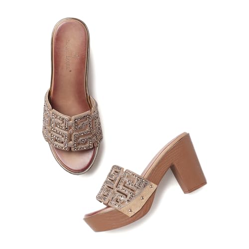 Marc Loire Women’s Block Heels Slip-On Open Back Embellished Fashion Sandals (Copper, UK Footwear Size System, Adult, Women, Numeric, Medium, 4)