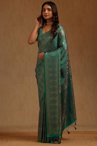 Soch Womens Teal GreenTussar Floral Woven Design Saree