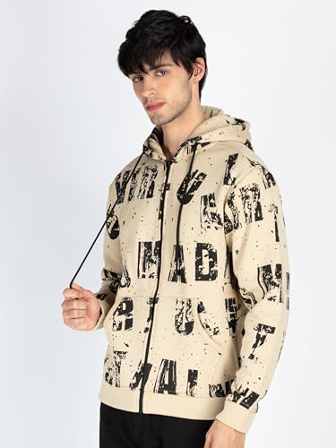 Status Quo Mens All Over Printed Hooded Sweatshirt Beige