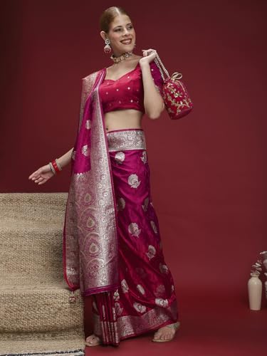 AKHILAM Women's Pink Satin Silk Floral Printed Saree With Unstitched Blouse Piece (RNGREET306_HS)