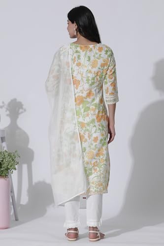 White Floral Printed Cotton Kurta, Pants with Dupatta Set_24ONWS10573-121976_XL