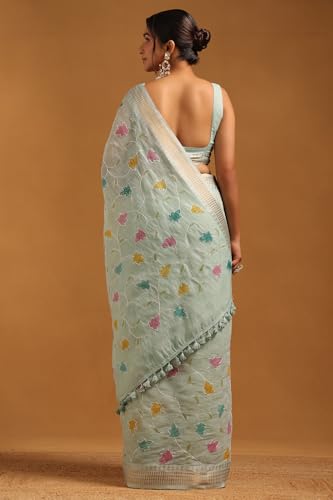 Soch Womens Powder Blue Linen Botanical Saree With Sequins