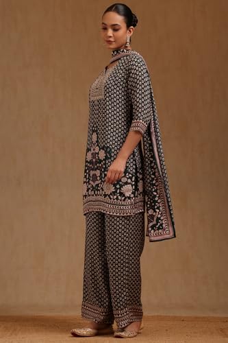 Soch Womens Green Muslin Floral Print Suit Set With Zari