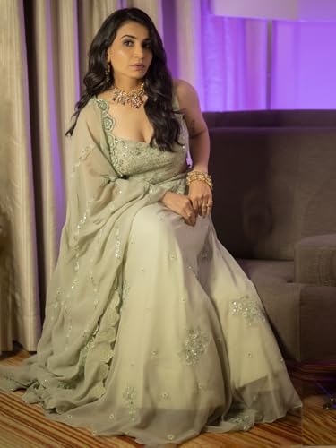 Zeel Clothing Women's Georgette Dori And Sequins Embroidered Work Semi Stitched Georgette Lehenga Choli With Dupatta (7060-Pista-Wedding-Stylish-Lehenga-Choli; Free Size), Green