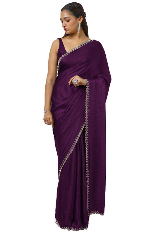 Soch Womens Wine Tissue Saree With Stone Work