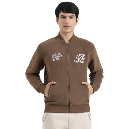 United Colors of Benetton Regular Fit Band Collar Textured Vibe Check Varsity Polar Jacket (Size: L) - 25A2VLRJ3677I901