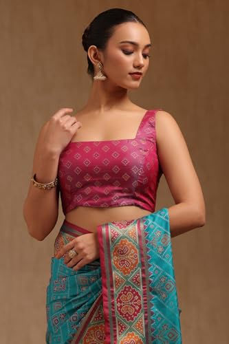 Soch Womens Turquoise Blue Silk Blend Woven Design Saree With Thread Work