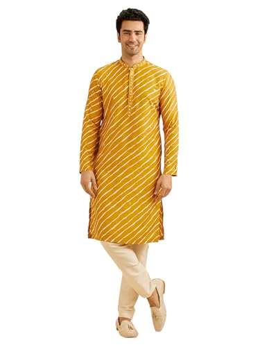 Manyavar Men's Art Silk Leheriya Printed Kurta Set (Mustard,XXXL)
