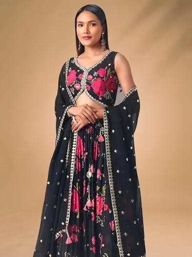 Zeel Clothing Women's Digital Print with Embroidered Chinnon Lehenga Choli With Dupatta (7098-Women-Lehenga-Choli-Latest, Free size) (Black)