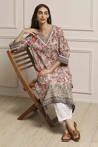 Biba Women Off White Cotton Straight Printed Kurta_42