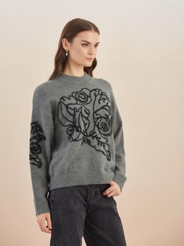 Latin Quarters Women's Grey Full Sleeves Round Neck Self Design Casual Hip Length Sweater_L