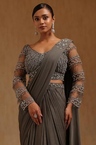 Soch Womens Olive Spandex Solid Ready to Wear Saree With Beads And Stones