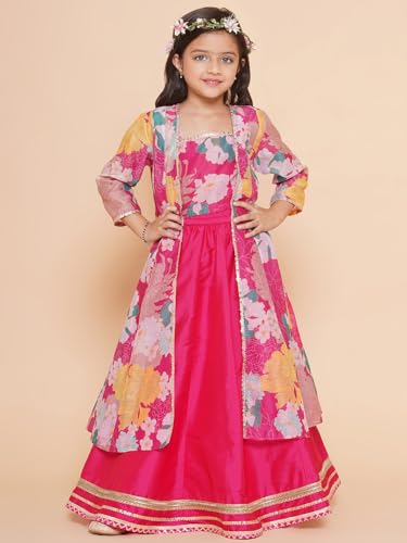 Bitiya by Bhama Girls Pink Floral Print Top & Shrug With Ready to wear Skirts
