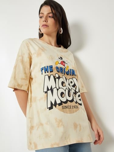 Max Women Mickey Mouse Print Oversized T-Shirt(Yellow_M)