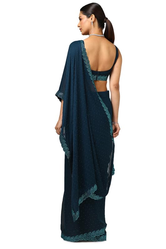 Soch Womens Teal Chiffon Floral Print Saree With Stone Work