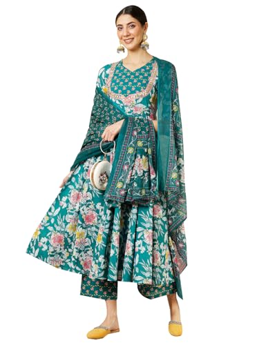 Kimayra Women's Cotton Calf Length Printed & Embroidered Flared Sweet Heart Neck Kurta Suit Set (KIM8003PC3TEAL_S, Teal)