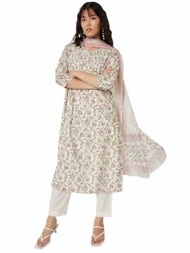 Max Women Floral Print Straight Kurta Set(White_S)