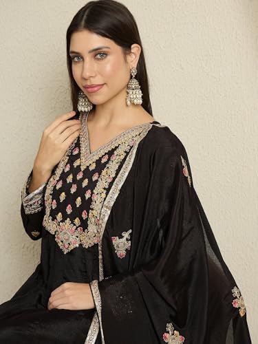 Shampysky Women's Black Chinon Stitched Gown With Dupatta Full Sleeve Embroidered Anarkali Gown (SSY-1230-Black-XXL)