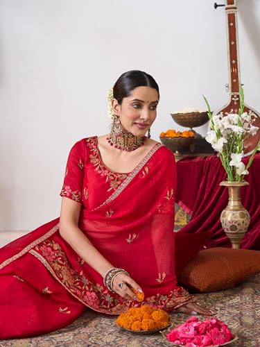 Laxmipati Gajak Red Chiffon Floral Embroidered Saree