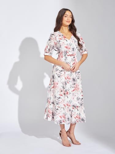 Latin Quarters Women Maroon V-Neck Half Sleeve Printed Midi A-Line Dress Casual for Wear_L