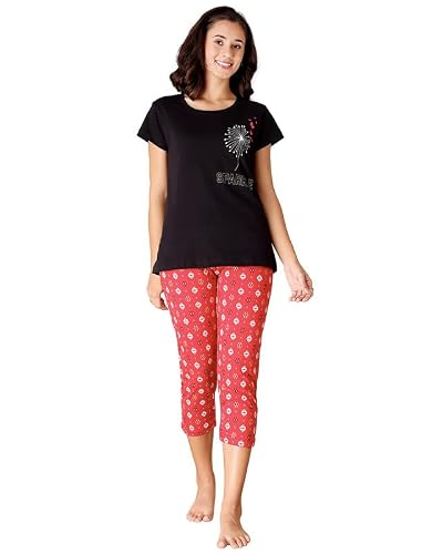 BODYCARE Women's Cotton Printed T-Shirt and Capri Set | Soft & Breathable Nightwear | Short Sleeves | Loungewear Co-Ord Set| BSCS16022_85 Multicolour
