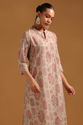 Soch Womens Beige Cotton Linen Ethnic Motifs Kurta