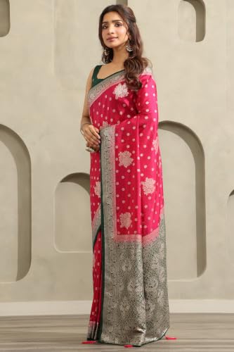 Soch Womens Fuchsia Viscose Botanical Zari Woven Saree With Stone Work