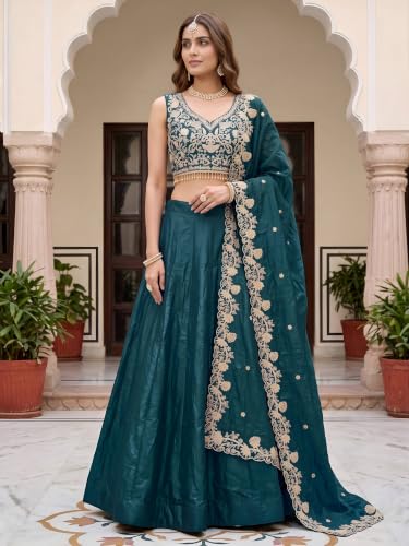 Zeel Clothing Women's Zari Sequins Embroidered Work Crush Silk Lehenga Choli With Dupatta (5136-Dove-Blue-Women-Lehenga-Choli; Free size)