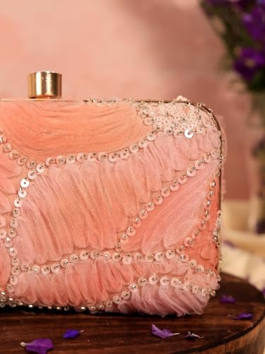THE TAN CLAN Aqua Orange Box Clutch Purse For Women Stylish Ladies Handbag Bridal Wedding Fancy Ethnic Clutch Bag Designer Evening Hand Purse With Chain Strap And Metal Closure