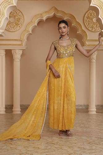 Biba Women Yellow Poly Georgette Digital Printed Gown Saree_38