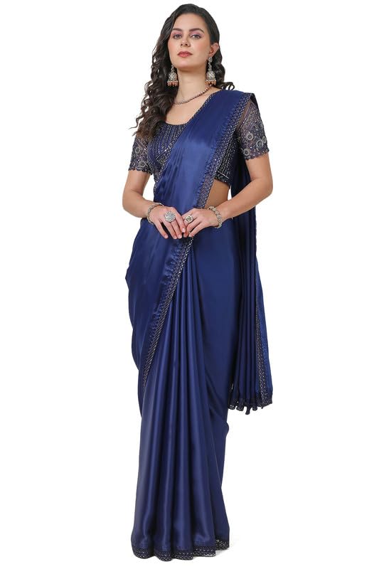 Soch Womens Navy Blue Organza Plain Saree with Lace Border