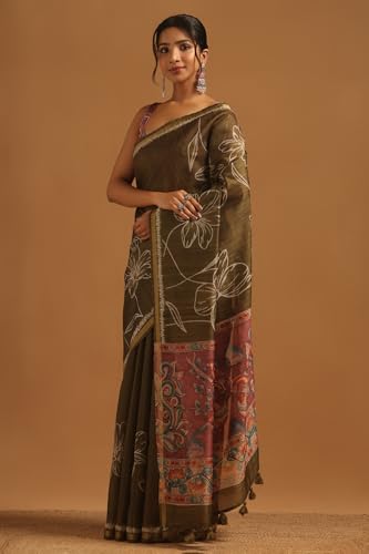 Soch Womens Olive Tussar Floral Saree