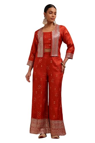 Soch Womens Orange Brocade Ethnic Motifs Co-Ord Set With Sequins