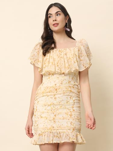 Trend Arrest.ed Women's Off-Shoulder Ruched Mini Dress|Printed Bodycon Dress for Beach, Casual Parties & Summer Outings | Short Sleeve Sheath Fit (2XL) Cream