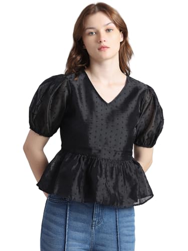 ONLY Women Self Design Cotton Black Peplum Top