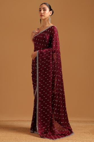 Soch Womens Wine Fendy Organza Embellished Saree