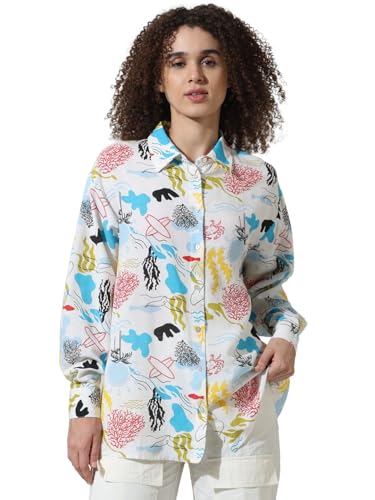 ONLY Women Printed Viscose White Oversized Shirt
