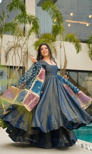 Leeli Peeri Designer Women's Simmer Silk Sequence work Anarkali Kurta Palazzo Set with Dupatta