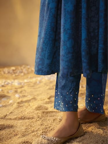 Arangya Embroidered Neckline Blue Kurta & Sequin Work Pant l Pure Cotton Flared Ethnic Wear Suit Set l Festival