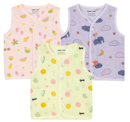 TUMMY TIME Muslin Cotton Jabla for Baby Boys & Girls - Pack of 3 | Soft Button Jhabla Vest for 6 to 12 Months | Baby boy Dress