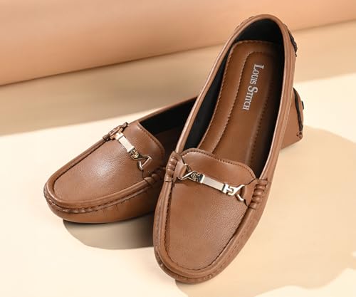LOUIS STITCH Women’s Tan Premium Slip-On Loafers with Buckle | Elegant Solid Slip-On Comfort Shoes for Casual and Formal Wear | Slip-On Loafer Shoes for Women | LSLD-BLR-HS04-TN | UK-5