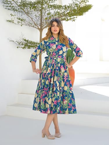 Divena Blue Cotton Shirt Coller Midi Dress