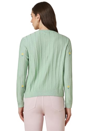 Women Green Embroidered Round Neck Casual Sweater