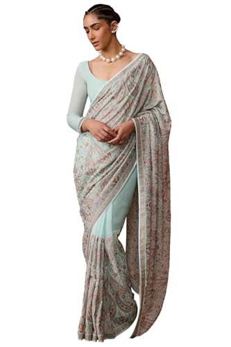 Soch Womens Powder Blue Georgette Embroidered Saree